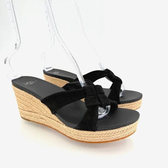 UGG Niyomee Espadrille Wedge Sandal Women's Size 10 Black Suede Leather Slide - Picture 1 of 14
